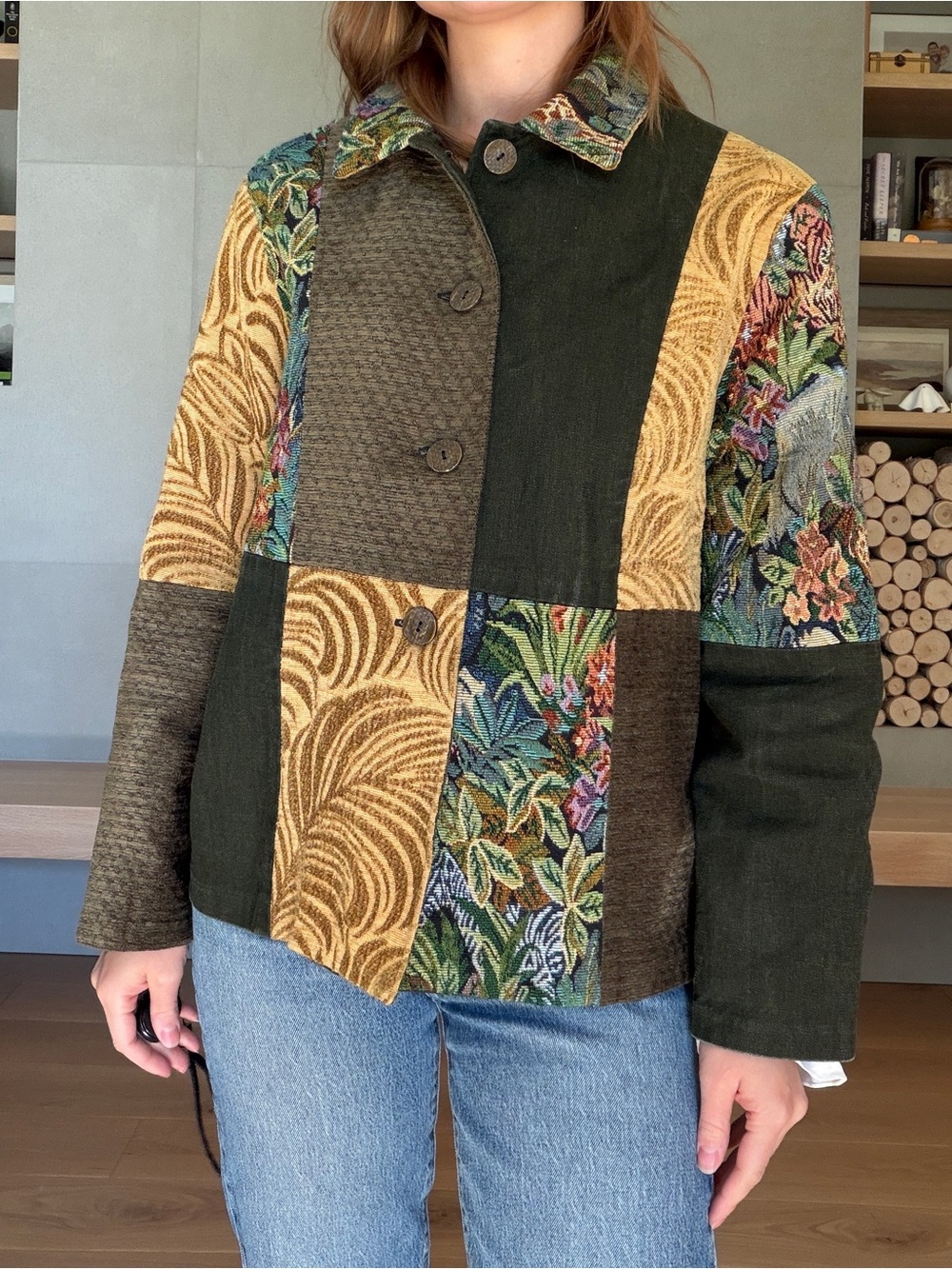 Homemade Patchwork Floral & Textured Green tapestry jacket